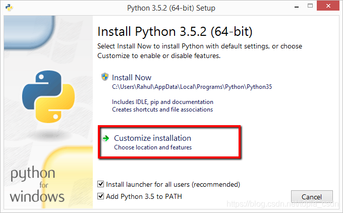 这是随便找的安装界面图片，注意==下面勾选框中的‘Add Python to path最好哦勾选上，然后再点击上面一个'Install Now即可'’==
