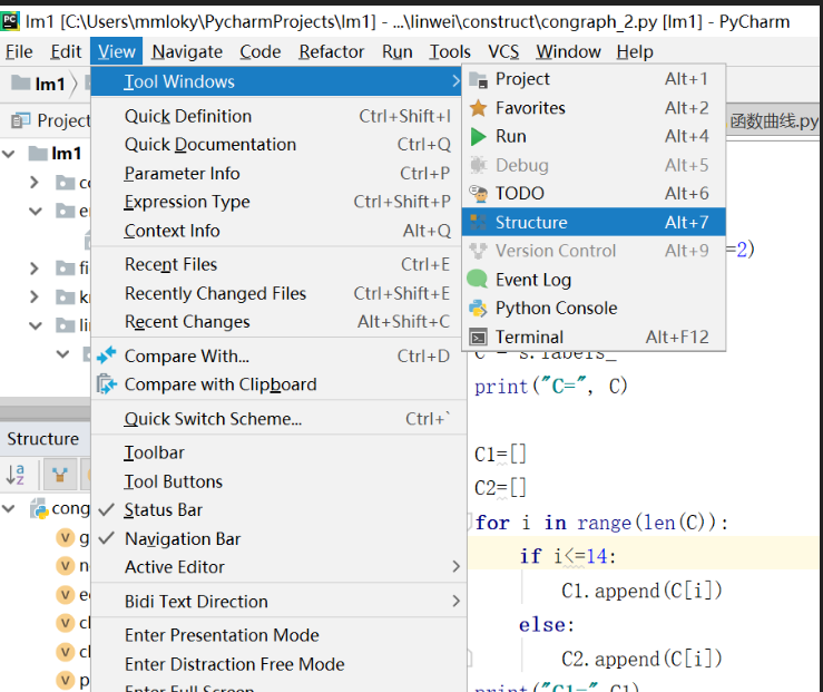 pycharm displays the list of functions and classes in the current ...