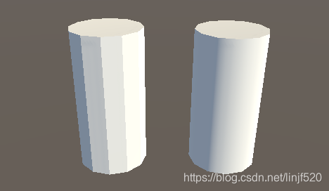 Two 12-sided cylinders, on the left with flat shading, and on the right with smoothed shading