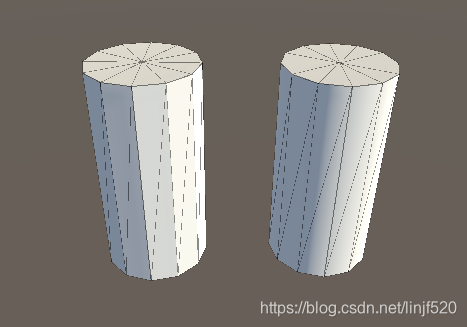 Two 12-sided cylinders, on the left with flat shading, and on the right with smoothed shading