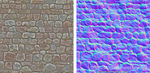 A stone wall texture and its corresponding normal map texture