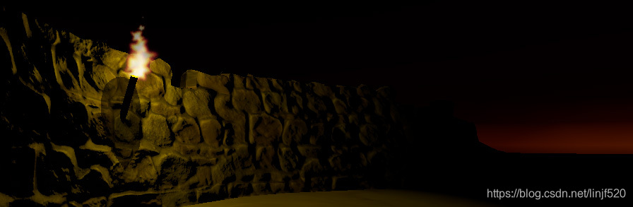 The same bumpmapped stone wall, in a different lighting scenario. A point light torch illuminates the stones. Each pixel of the stone wall is lit according to how the light hits the angle of the base model (the polygon), adjusted by the vectors in the normal maps. Therefore pixels facing the light are bright, and pixels facing away from the light are darker, or in shadow.