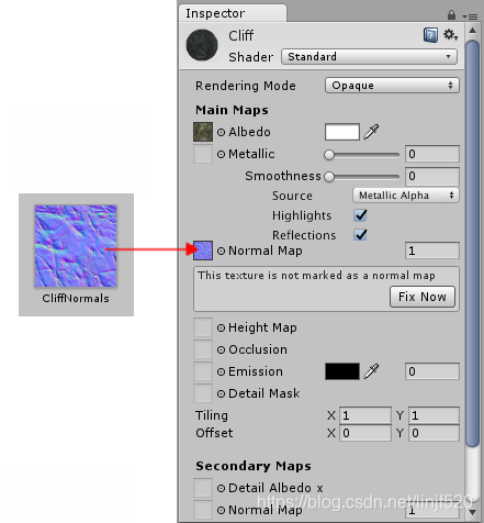 The “Fix Now” warning appears when trying to use a normalmap that has not been marked as such in the inspector.