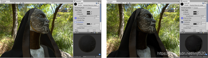 Before and after applying an occlusion map. The areas that are partially obscured, particularly in the folds of fabric around the neck, are lit too brightly on the left. After the ambient occlusion map is assigned, these areas are no longer lit by the green ambient light from the surrounding wooded environment.