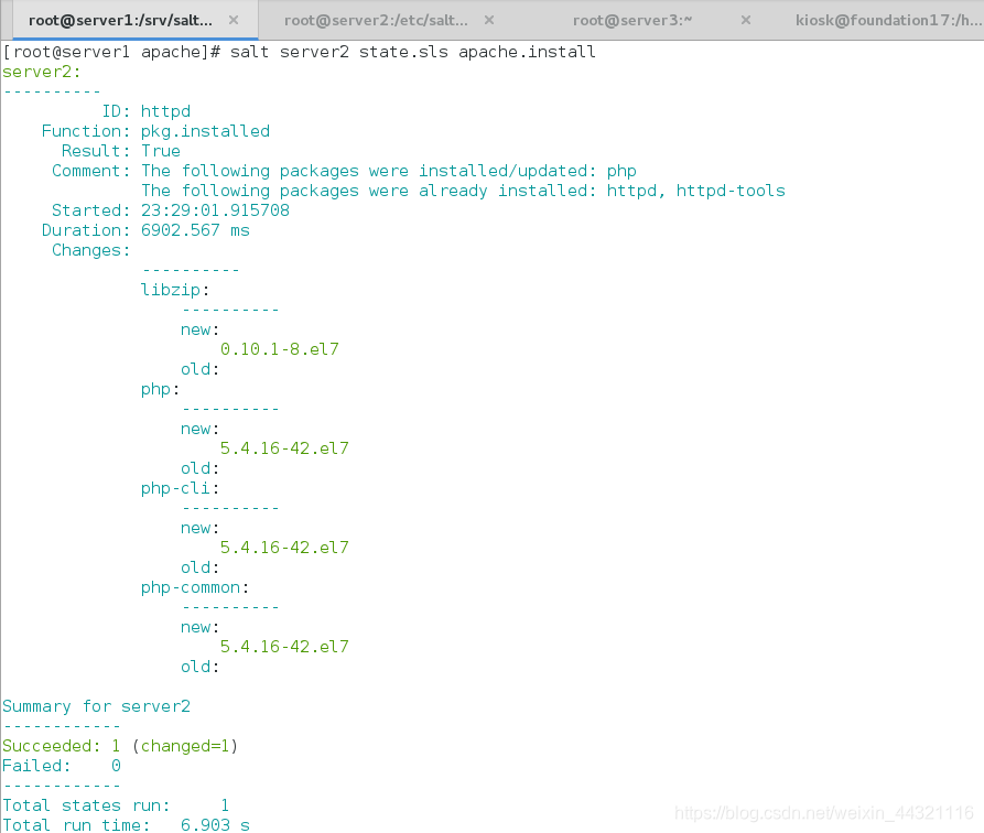 [root@server1 apache]# salt server2 state.sls apache.install