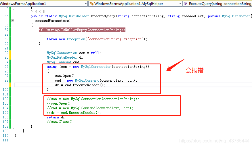 工具类在使用时,调用GetDataReader方法报错:“Invalid attempt to Read when reader is closed”。大概意思就是当reader关闭的时候,无法进行阅读。
查阅了一些资料以后,了解了原因:
using{}中代码执行完之后,连接自动关闭,而Reader与DataSet不同,DataSet已经将数据保存在本地内存中,而Reader并没有将数据保存在本地内存中,可以理解成只是指向了数据,连接关闭后用reader读取数据当然无法实现。
于是为了避免产生这种情况,我改用DataSet进行了工具类的封装,详细请见另一篇博客:
http://blog.youkuaiyun.com/datoubangzhu/article/details/78474138
作者:datoubangzhu
来源:优快云
原文:https://blog.youkuaiyun.com/datoubangzhu/article/details/78474178
版权声明:本文为博主原创文章,转载请附上博文链接!