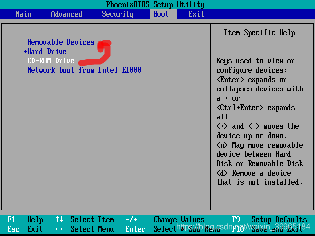 切换至Boot将CD-ROM Drive上移到第一行,之后按F10进行保存退出。