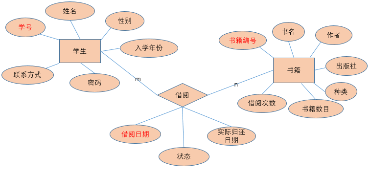 两个实体(学生实体,图书实体),三张表(学生表,图书表,借阅关系表)大致