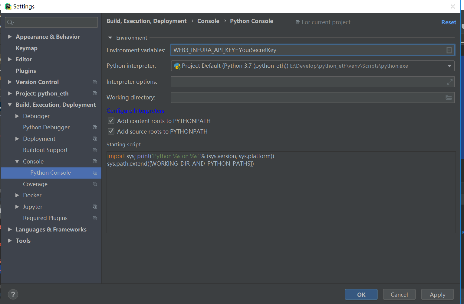 windows 系统 pycharm 运行报错 please ensure that the environment variable web3 infura api key is set.