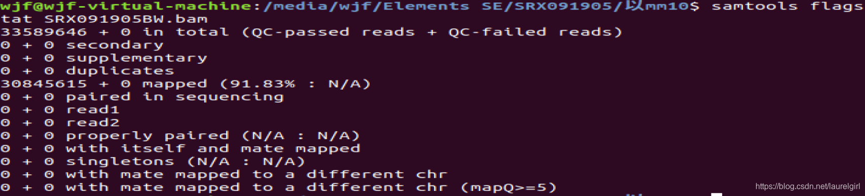 samtools flagstat SRX091905BW.bam或 samtools flagstat <in.bam> |<in.sam> | <in.cram>