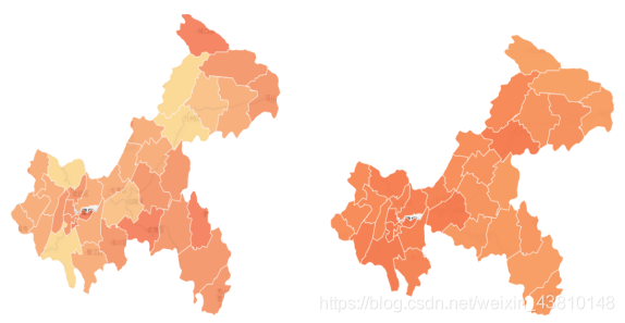 左边为1999年重庆人口热力图，右边为2017年重庆人口热力图