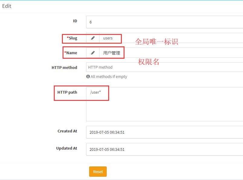 标识(slug) 是用来标记权限的唯一标识,全局唯一。 名称(name) 是这个权限的展示名称,要让人一眼看明白这个权限是做什么用的