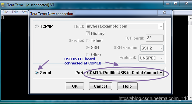 选择串口Serial功能，选择USB2TTL模块对应的串口号