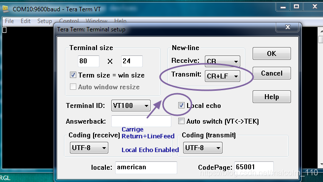 选择本地显示，CR+LF 模式， 即自动回车换行r\n\ 功能