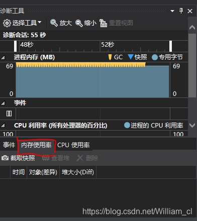 进程内存显示当前电脑运行占用的内存，黄色的倒三角形表示代码中使用了GC.Collect()，选中内存使用率