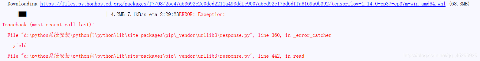 使用非镜像pip install tensorflow报错