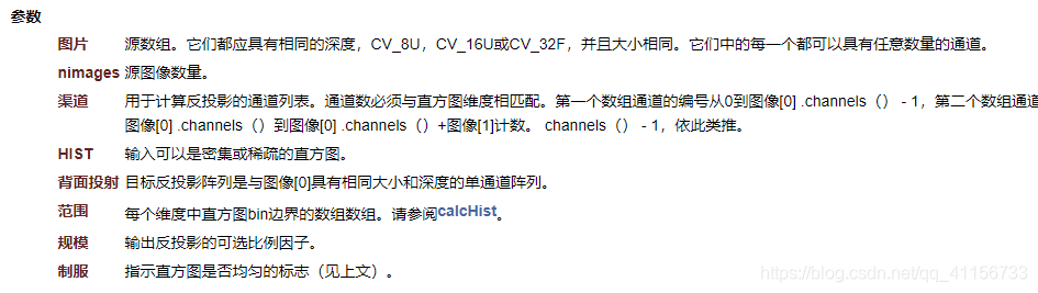 calcBackproject()参数描述