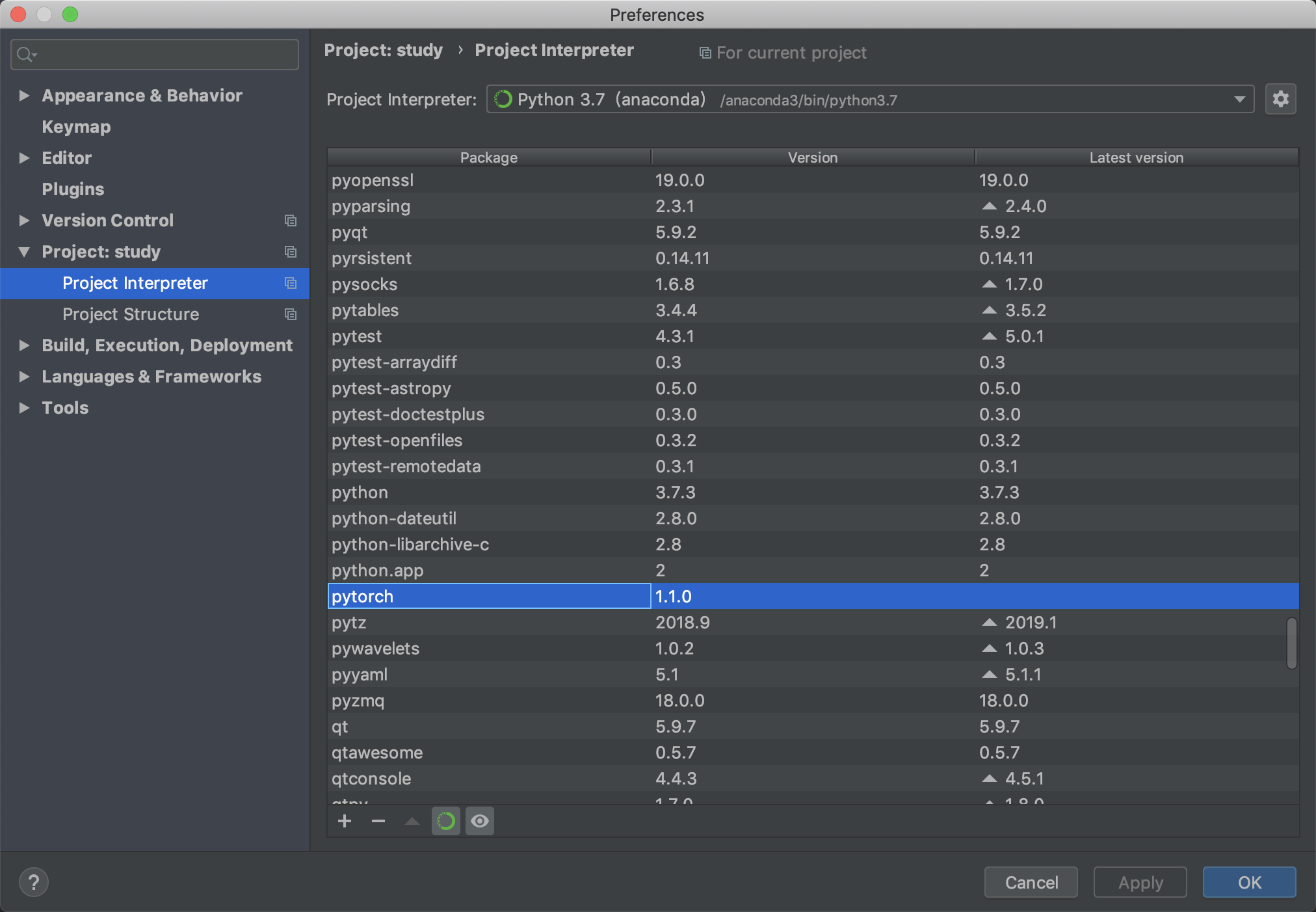 mac下anaconda安装了pytorch,在pycharm无法import torch