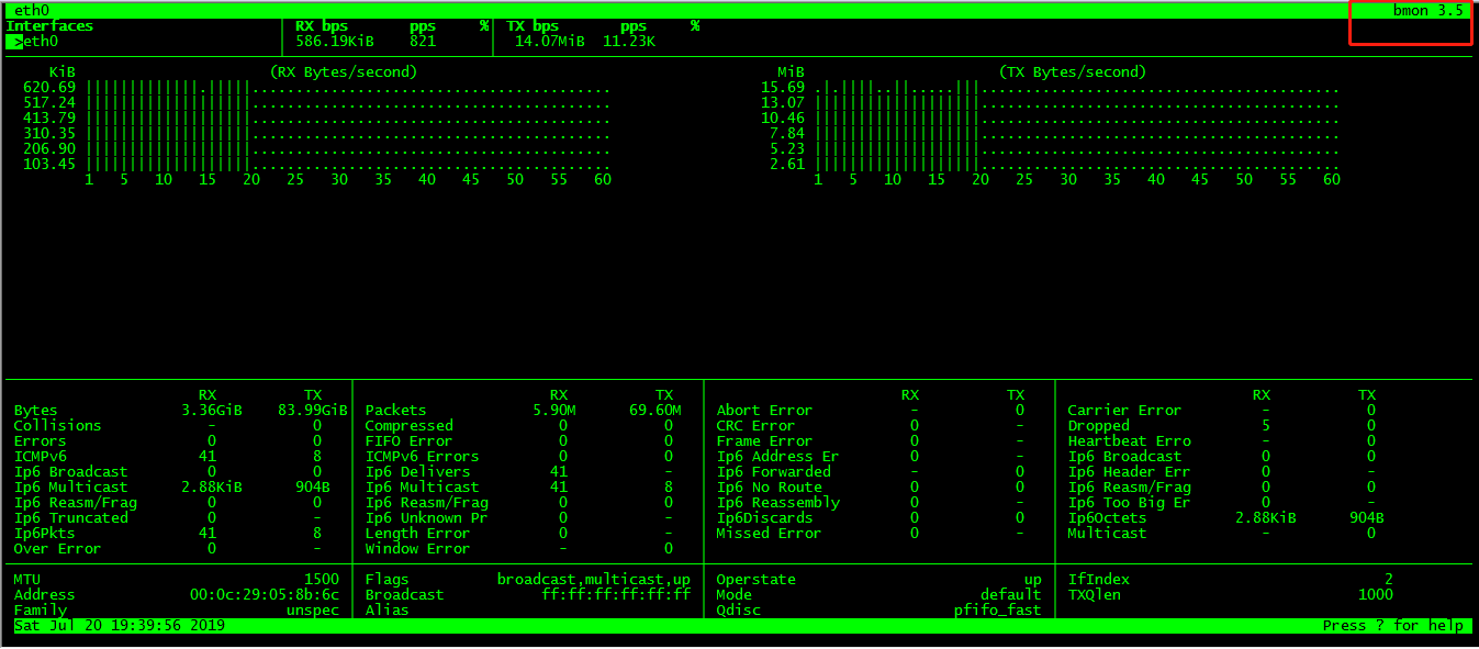 linux( sudo bmon ) 流量监控工具----类似于 moniter interface