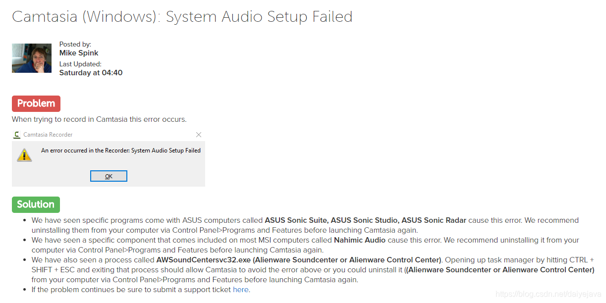 Camtasia | An error occurred in the Recorde System Audio setup Failed