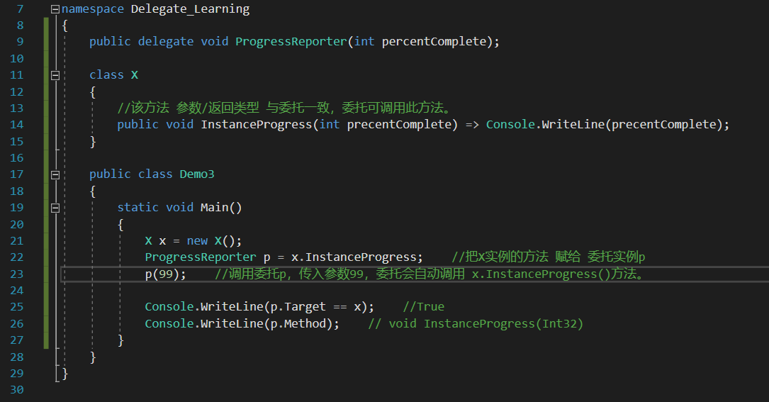 委托p所调用的方法,其所属实例就是x。打印出所调用的方法名