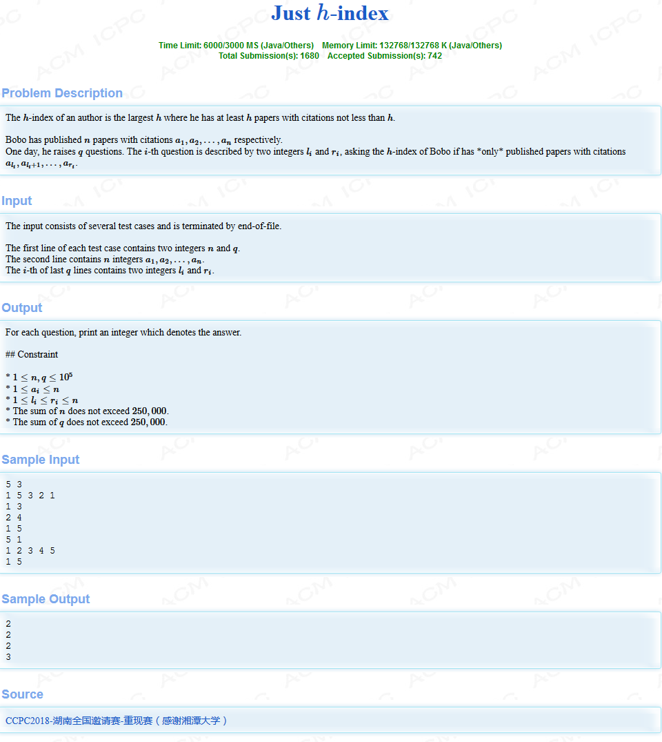 HDU - 6278 Just $h$-index主席树+二分