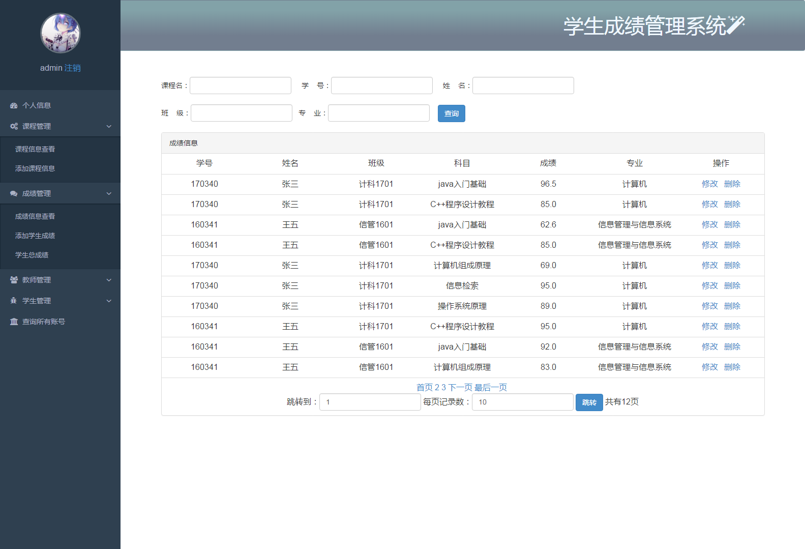 可执行源码：基于javaweb实现学生成绩管理系统,三种角色学生和教师 管理员，实现了学生信息管理,课程管理,教师信息管理,学生成绩汇总,学生登录注册,教师和管理员的登录,个人信息修改等[通俗易懂]