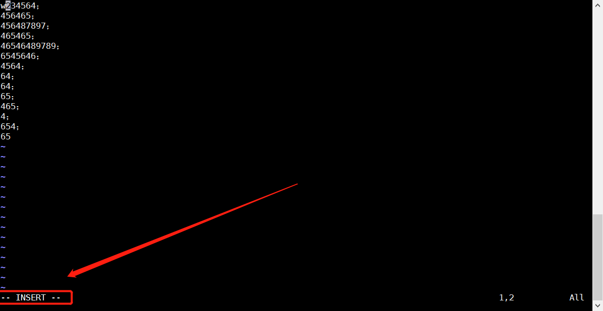 按a之后左下方编程【--INSERT--】这个时候就可以编写了