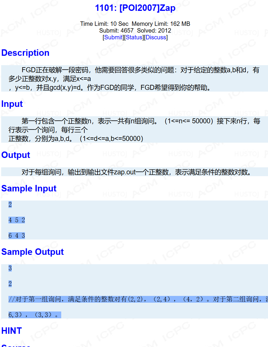 HYSBZ - 1101——莫比乌斯反演