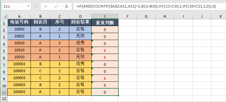 excel中实现多条件的重复记录判断