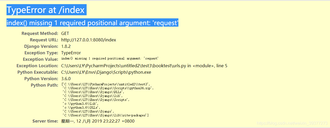 TypeError at /index index() missing 1 required positional argument ...