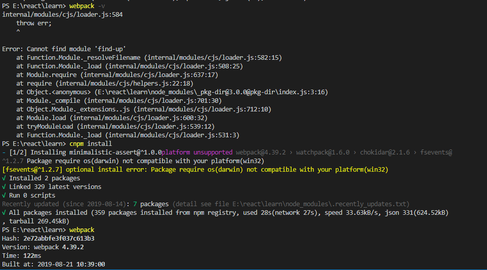 internal/modules/cjs/loader.js:X throw err; ^ Error: Cannot find module ...