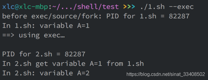 exec 方式运行的结果是，2.sh 执行完成后，不再回到 1.sh。运行顺序为 1-2。从pid值看，两者是在同一进程 PID=82287 中运行的。
