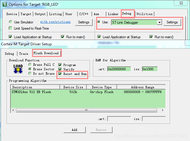 配置ST-LINK与Reset and Run选项