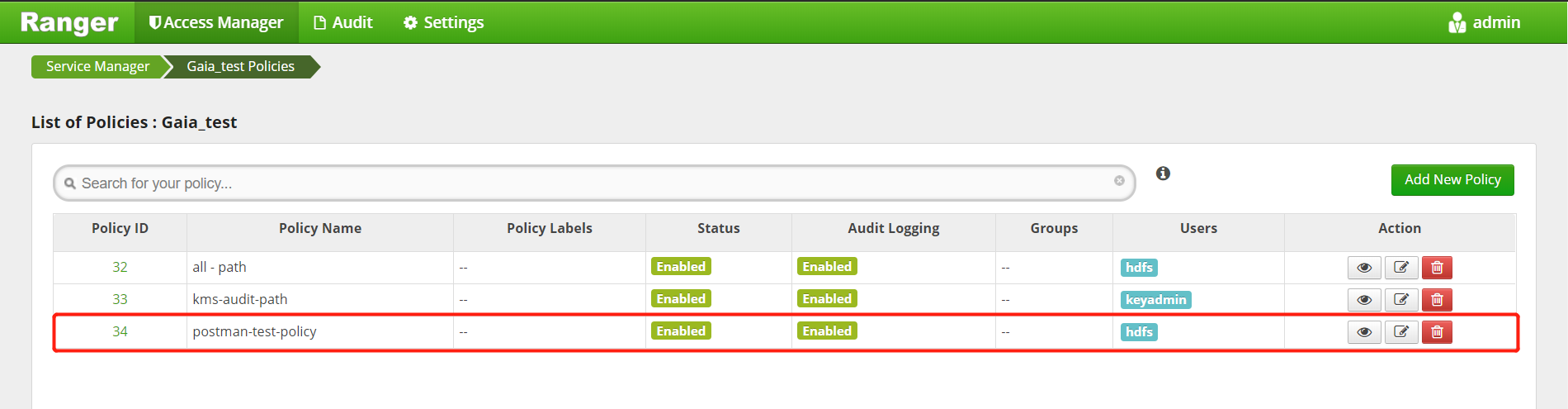 Apache Ranger Public REST APIs-Server-Policy使用Postman测试_apache ranger ...