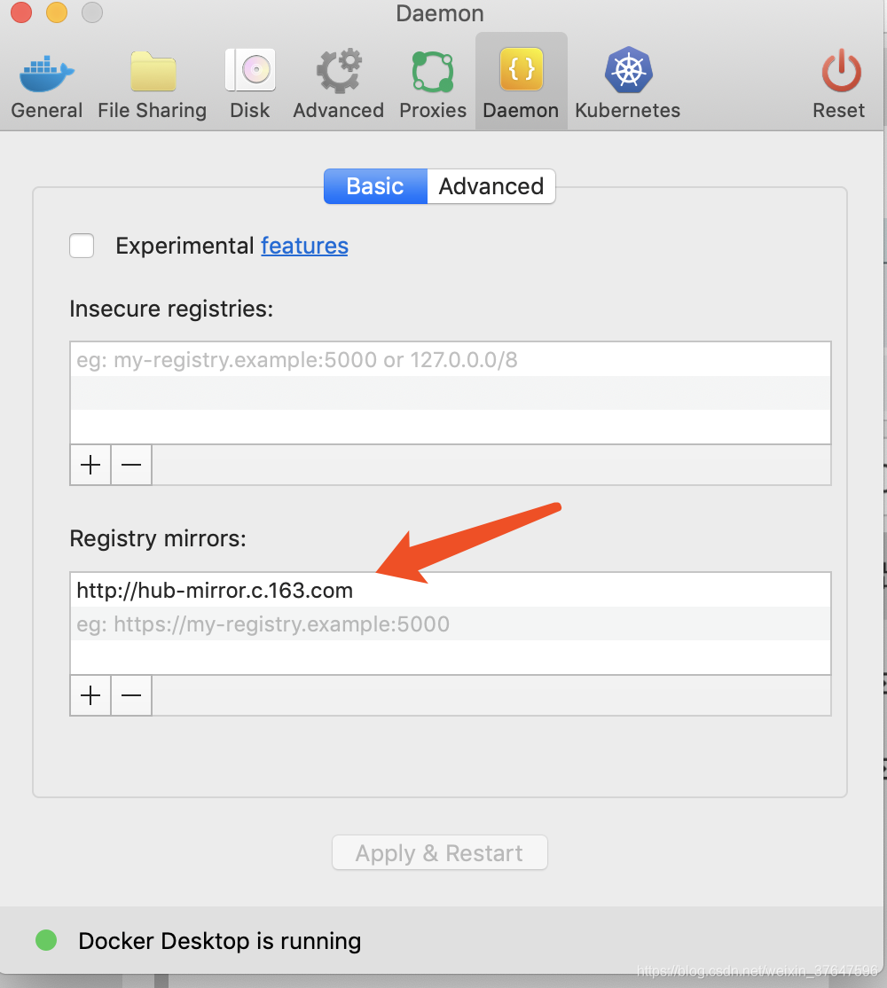 修改成国内镜像：http://hub-mirror.c.163.com 保存并重新启动(点击右上角小鲸鱼 有个restart )