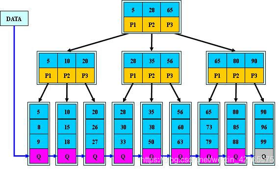 根节点的P1指向的的节点是与根节点的5开始的，10和20小于根节点的第二个关键字28