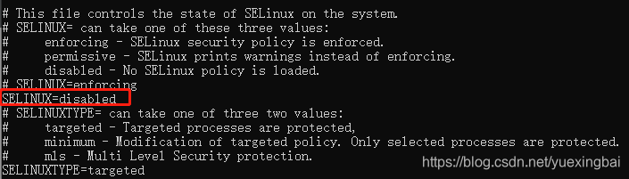 修改SELINUX=disabled