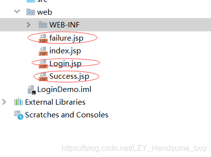 创建3个网页jsp，分别是登陆页面、成功页面、失败页面。