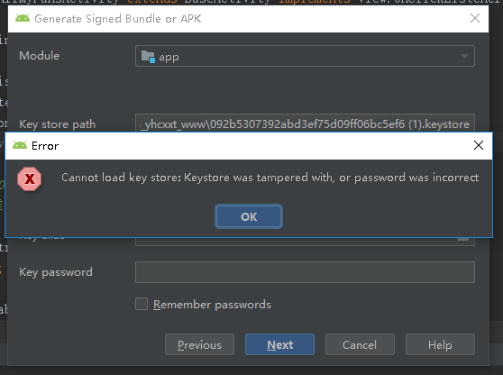 Android Studio提示 Cannot load key store: Keystore was tampered with, or ...