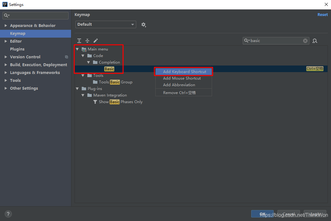 Basic settings shortcut key Alt + slash