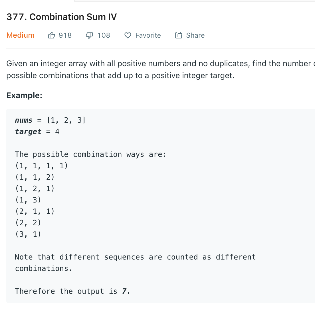 377. Combination Sum IV (Medium)