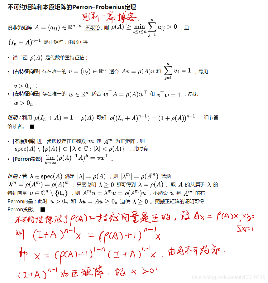 Perron-Frobenius定理和一些相关定理的证明