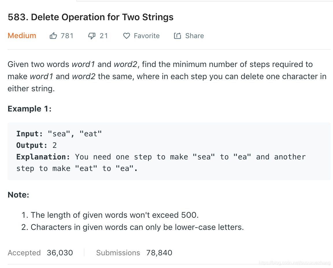 583. Delete Operation for Two Strings (Medium) 最长公共子序列