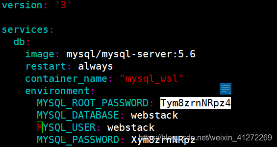 查看MySQL的root密码；确定数据名为webstack;e