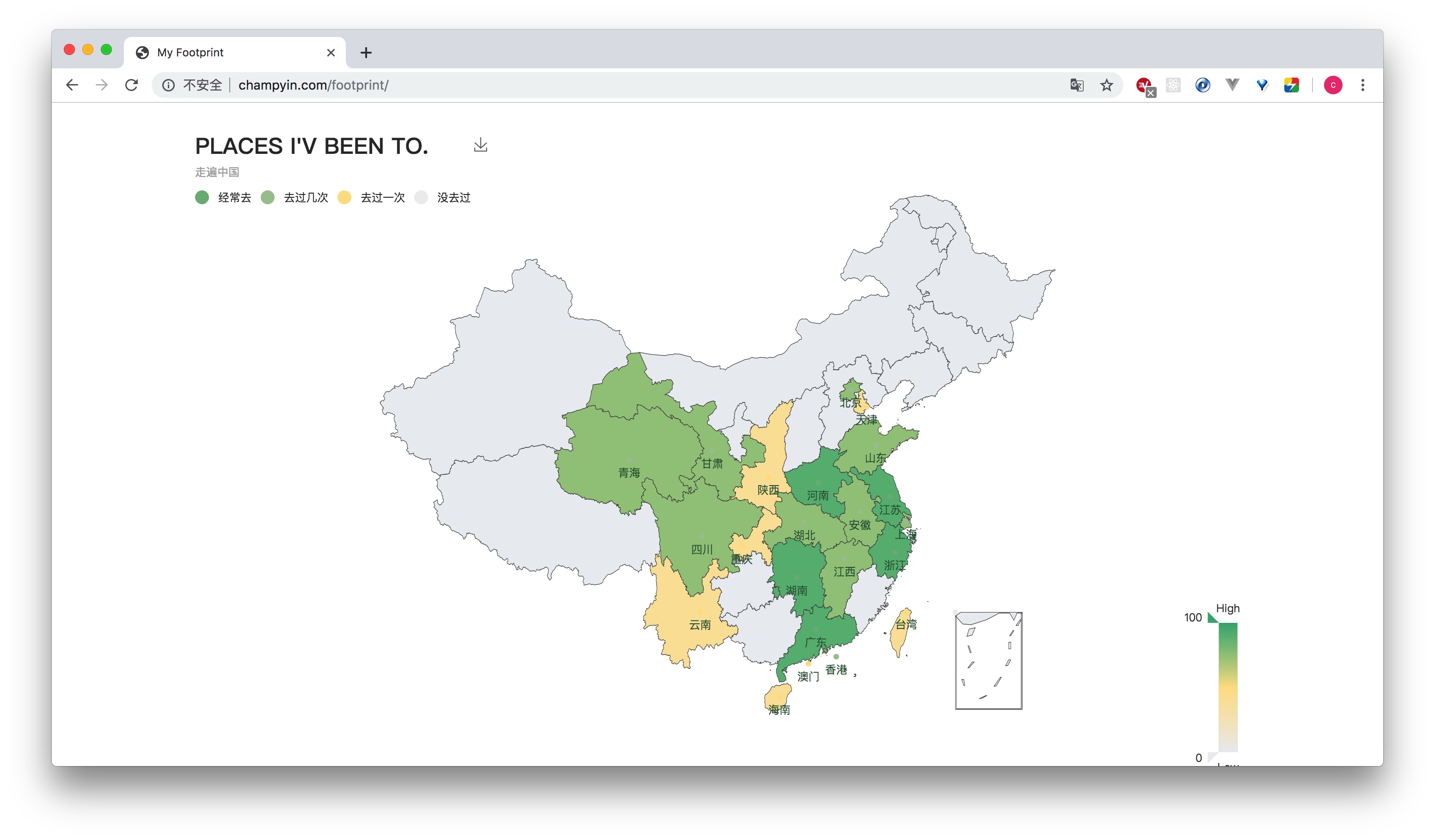 我的核心需求很简单,就是可以把我去过的国家,省,市在地图上展示出来