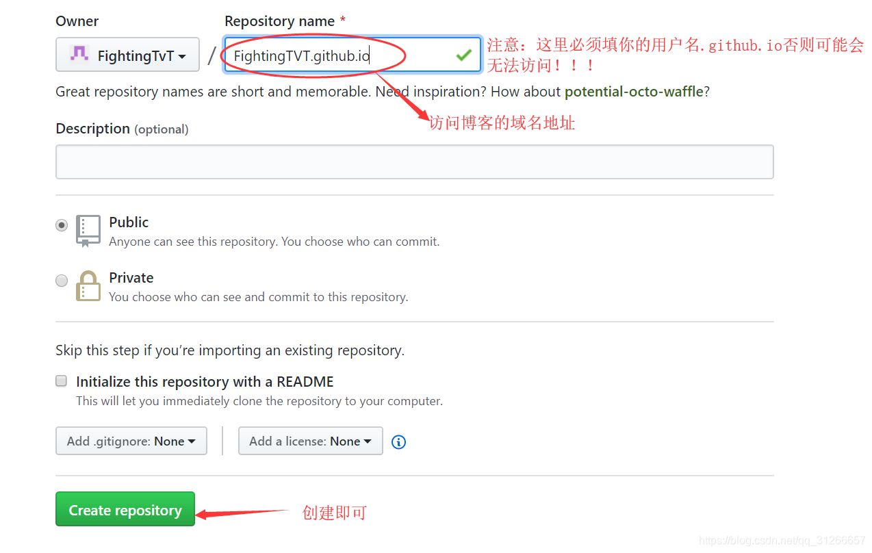 注意这里填写的Repository name 必须为你的用户名.github.io的形式