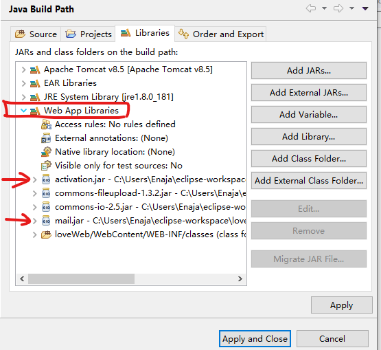 eclipse 将mail.jar包和activation.jar包加入CLASSPATH变量中_将mail.jar和activation