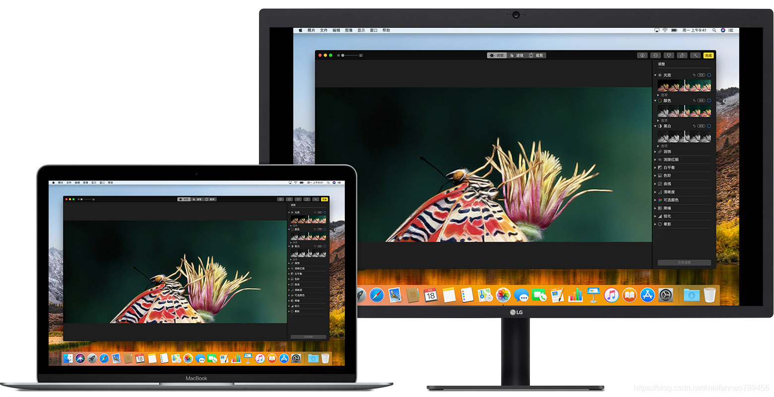 设置为“镜像显示器”模式的 MacBook 和外置显示器