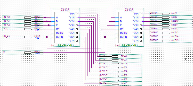 使用quartusii90实现用2片38译码器拼接成416译码器